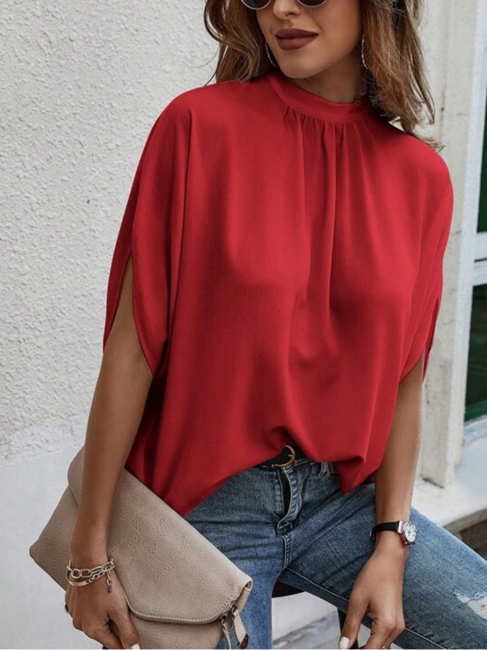 Elegant Red Women's Blouse - Classic Tunic Top